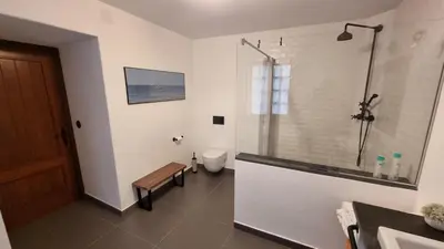 a bathroom with a shower and a toilet at Precioso apartamento con patio centro de Castropol in Castropol