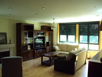 a living room with a couch and a tv at A Lúa do Camiño in Melide