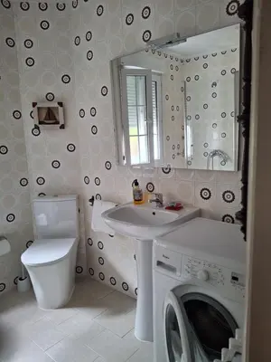 a bathroom with a washing machine and a sink at Casa Vallejo en Crecente in Crecíente