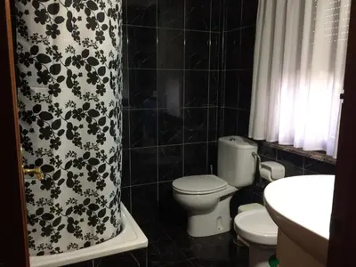 a bathroom with a toilet and a shower curtain at Pension Parrilla Casa Vicente in Tineo