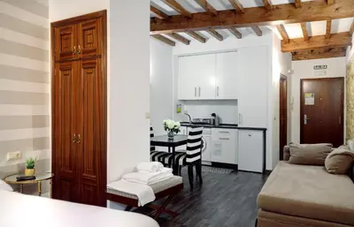 a living room with a couch and a kitchen at Inicia Casas Reales in Santiago de Compostela