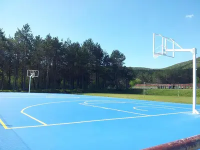 a blue basketball court with a basketball hoop at Dupléx en Estación de Manzaneda in Prada