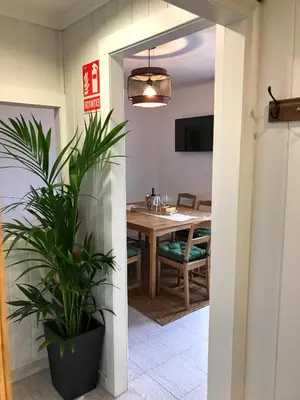 a dining room with a table and a potted plant at Dulce Mañana in Portomarin