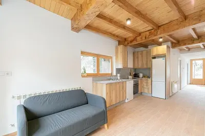 a living room with a couch and a kitchen at Casa de montaña - A Palleira do Curralón in Pradoalvar