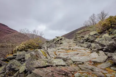 a stone path on a rocky mountain with trees at Casa de montaña - A Palleira do Curralón in Pradoalvar