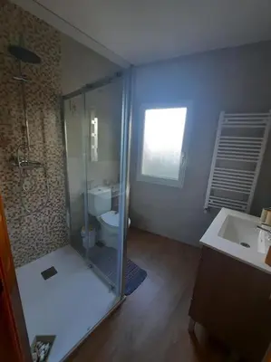 a bathroom with a shower and a toilet and a sink at Casa Daló II in Folgoso