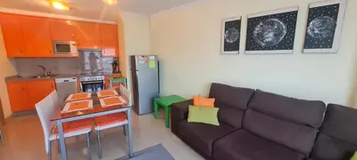 a living room with a couch and a kitchen at Ribeiras do Tamega in Verín