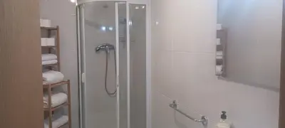 a shower with a glass door in a bathroom at Alojamiento Turístico Santalla in Santa Eulalia de Oscos