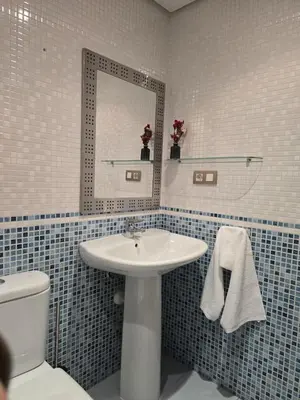 a bathroom with a sink and a toilet and a mirror at Apartamento Ó Xeitoso Milladoiro in Milladoiro