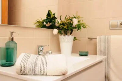 a bathroom sink with a vase of flowers on it at Silleda Via da Plata in Silleda