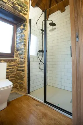 a bathroom with a glass shower with a toilet at Refuxio de Lamas in Becerreá