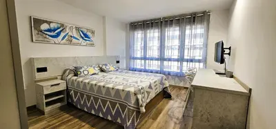 a bedroom with a bed and a tv and a window at Vacansis Santiago Garcia Prieto y Romero Donallo Habitaciones Privadas in Santiago de Compostela