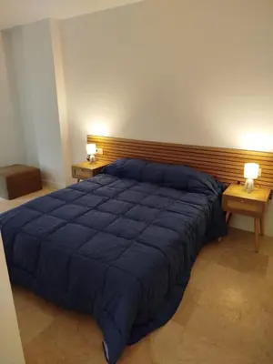 a bedroom with a large blue bed with two night stands at XELIÑA d in A Estrada