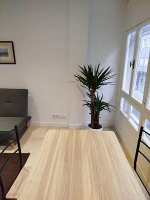 a living room with a table and a potted plant at XELIÑA d in A Estrada
