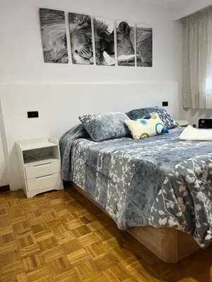 a bedroom with a bed and three pictures on the wall at Piso Artur III UNIVERSIDAD in Ourense