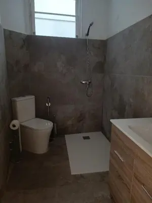 a bathroom with a shower and a toilet and a sink at Piso en Pontedeume enfrente hotel Eumesa in Puentedeume