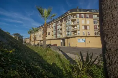 a building with a palm tree in front of a street at EnSAN CIPRIAN Urb con Playa y Piscina in San Ciprián