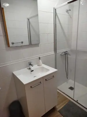 a bathroom with a sink and a shower at Pensión 5 Caminos in Santiago de Compostela