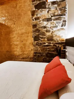 a bedroom with a red pillow on a bed at Hostal Restaurante LA SENDA in Camponaraya