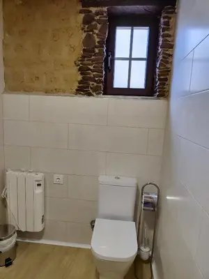 a bathroom with a white toilet and a window at Hostal Restaurante LA SENDA in Camponaraya