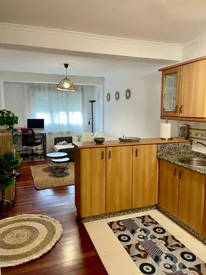 a kitchen with wooden cabinets and a living room at Apartamento Cardenal Monforte in Monforte de Lemos