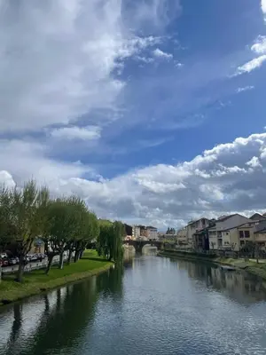 a view of a river with buildings and a bridge at Apartamento Cardenal Monforte in Monforte de Lemos