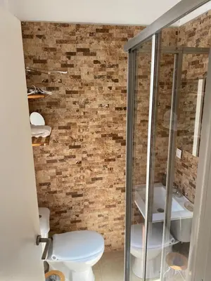 a bathroom with a toilet and a brick wall at Cuarto Antolín Yellowdoor in Ponferrada