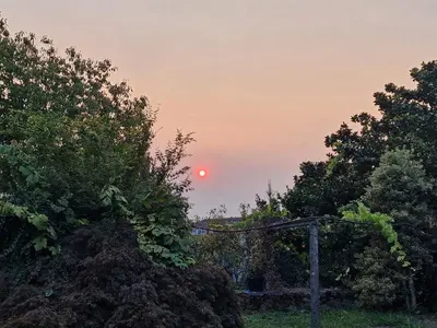 a sunset with the sun in the sky behind trees at Piso vacacional en Casa Carroucha in Valga