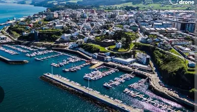 an aerial view of a harbor with boats at Apartamento AIIA in Ribadeo