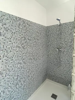 a bathroom with a shower with black and white tiles at ÁTICO CON VISTAS Centro Histórico in Allariz