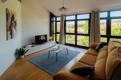 a living room with a couch and a tv at ÁTICO CON VISTAS Centro Histórico in Allariz