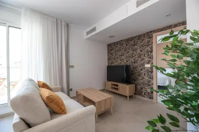 a living room with a couch and a tv at NUBA apartamentos turísticos in Monforte de Lemos
