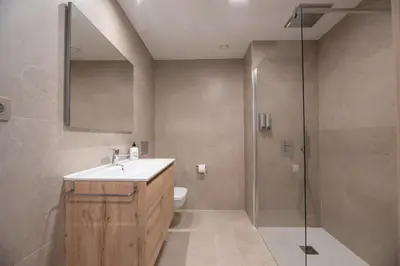 a bathroom with a sink and a shower at NUBA apartamentos turísticos in Monforte de Lemos