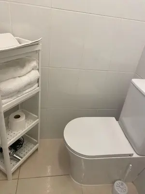 a bathroom with a white toilet and towels at Casa Trasande in Couso