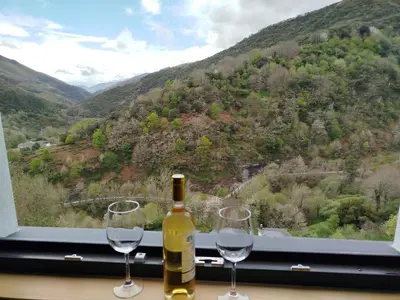 a bottle of wine sitting on a table with two wine glasses at Hotel Zura in Seoane