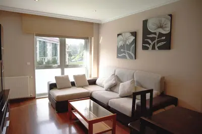 a living room with a couch and a table at Apartamento Mónaco in Santiago de Compostela