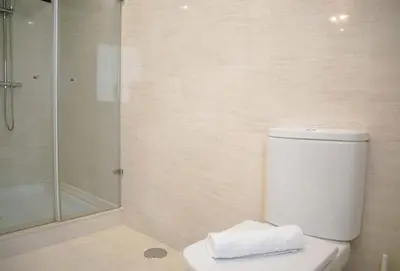 a bathroom with a white toilet and a shower at Casa das Buceleiras in Amés