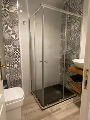 a bathroom with a shower and a toilet and a sink at O nido de David, un refuxio urbano na Ribeira Sacra in Monforte de Lemos