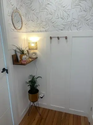 a room with a white wall with a plant on it at O Victoriano in Caldas de Reis