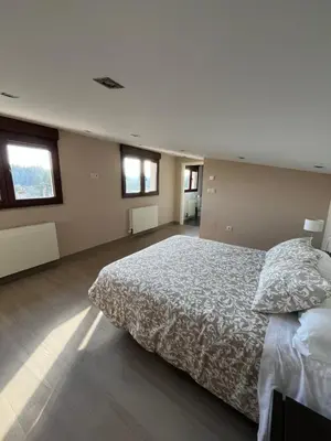 a bedroom with a large bed and two windows at Casa Victoriano in Melide