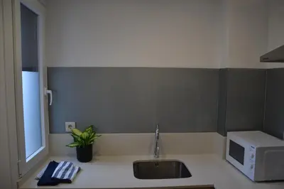 a kitchen with a sink and a microwave at Avío Apartamentos in Santiago de Compostela