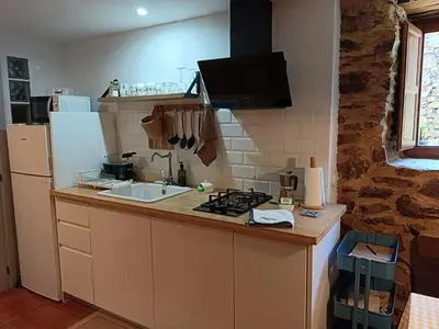 a kitchen with a counter and a sink and a refrigerator at Nuevo sabor rural Ribeira Sacra in A Pobra do Brollon