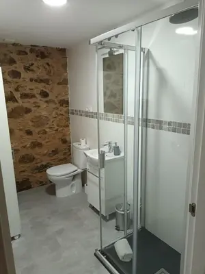 a bathroom with a toilet and a glass shower at Él Rincón de los Sueños A in Vegadecabo