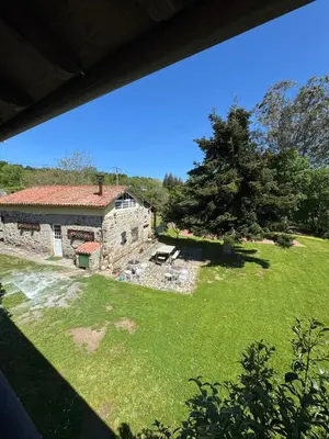 an old stone house with a tree in a field at A Palleira in San Amaro