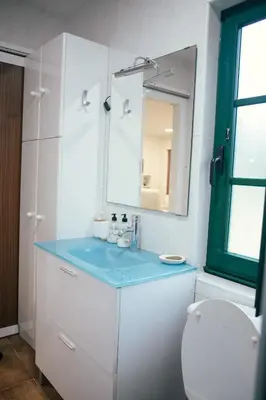a bathroom with a sink and a mirror and a toilet at Casa Milladoiro in Miño