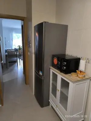 a kitchen with a black refrigerator and a microwave at El Valle in San Cosme de Barreiros
