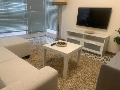 a living room with a couch and a table and a tv at Apartamento en Xinzo de Limia in Xinzo de Limia