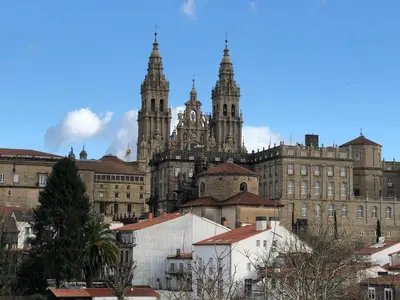 a view of a large building with two towers at Hostal Costa Azul in Santiago de Compostela