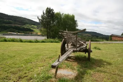 a wooden bench in the middle of a field at Albergue Milpés in Ribadiso