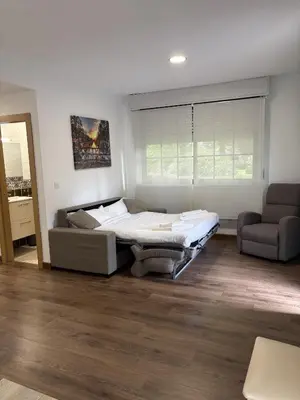 a bedroom with a bed and a couch in it at Cabaña familiar in Celanova